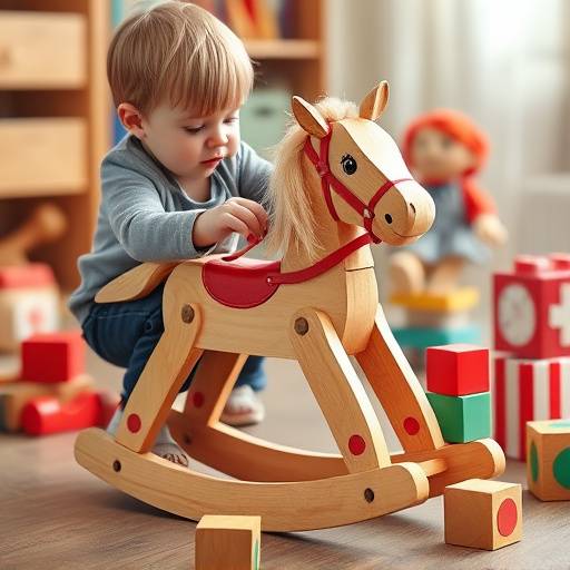 Un bambino che gioca con un cavallo a dondolo in legno, un set di costruzioni e una bambola di pezza.