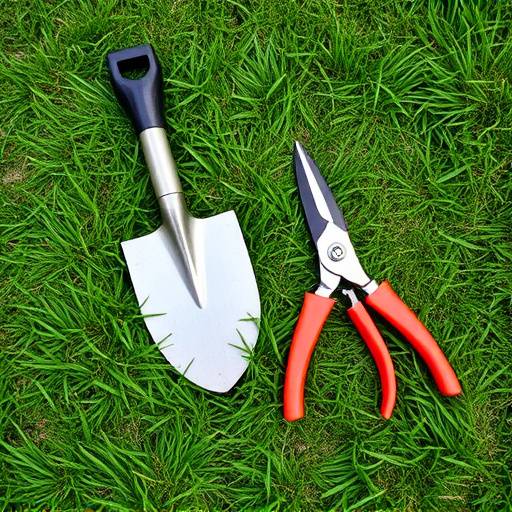 Un gruppo di attrezzi da giardinaggio, tra cui una vanga, un rastrello e una cesoia, disposti su un prato verde.