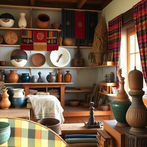 Un laboratorio artigiano con ceramiche decorate, oggetti in legno intagliato e tessuti colorati.