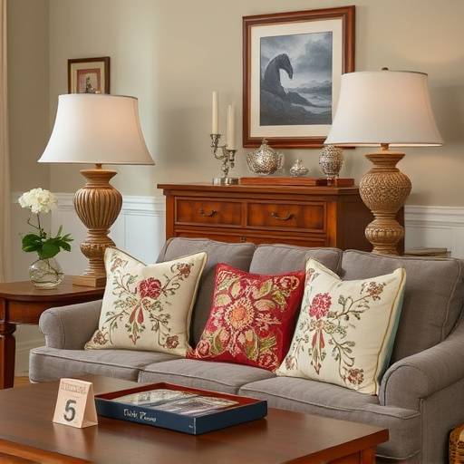 Un salotto arredato con mobili in legno massello, lampade di design e cuscini ricamati.