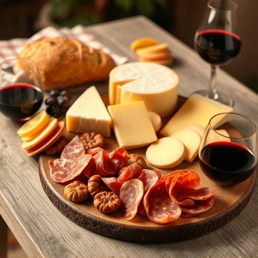 Un tavolo imbandito con formaggi, salumi, pane e una bottiglia di vino rosso.