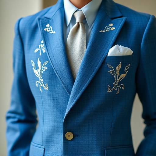 Un vestito sartoriale in lino ricamato a mano di colore blu con dettagli bianchi